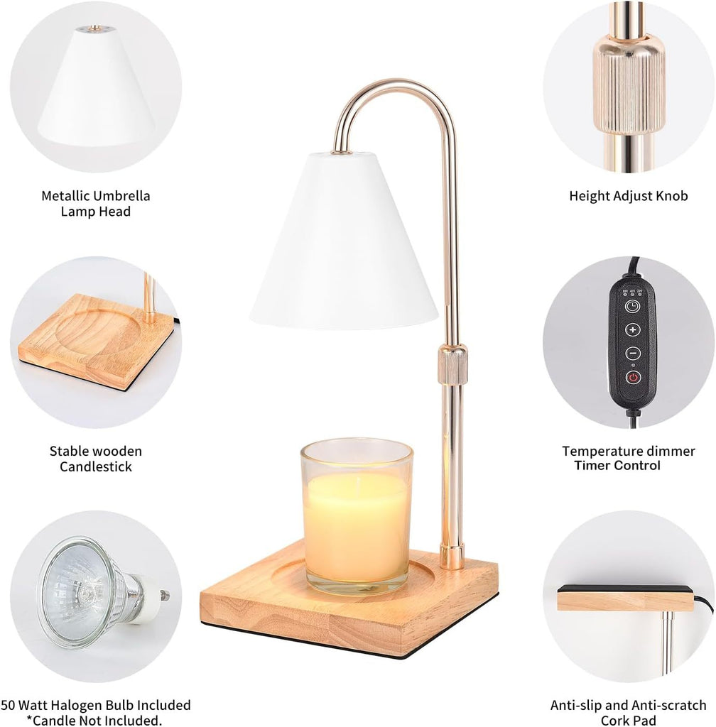 a lamp with a candle in it with text: 'Metallic Umbrella Height Adjust Knob Lamp Head + Stable wooden Temperature dimmer Candlestick Timer Control 50 Watt Halogen Bulb Included Anti-slip and Anti-scratch *Candle Not Included. Cork Pad'