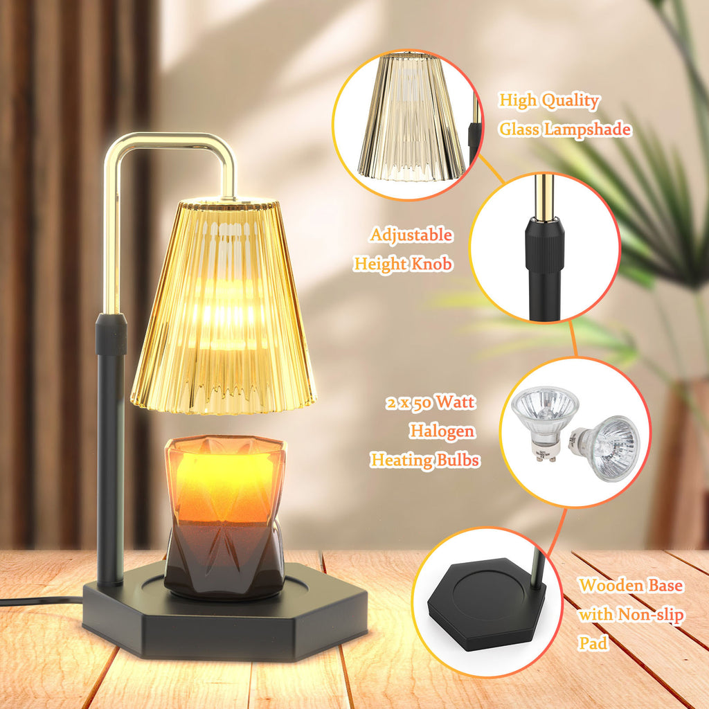 a lamp on a table with text: 'High Quality Glass Lampshade Adjustable Height Knob 2 x50 Watt Halogen Heating Bulbs Wooden Base with Non-slip Pad'