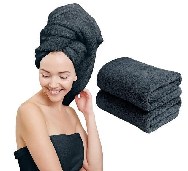 a person with a towel on her head