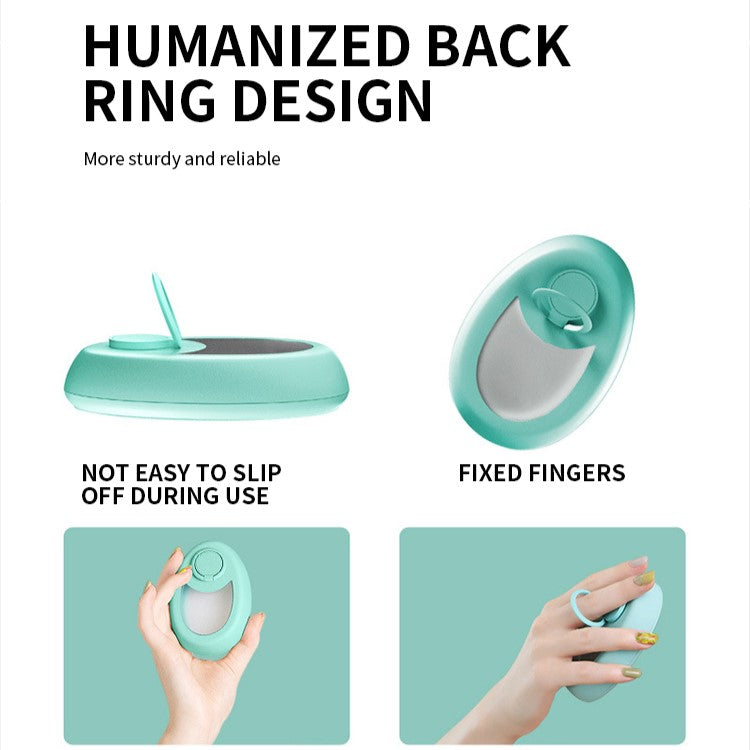 a close up of a device with text: 'HUMANIZED BACK RING DESIGN More sturdy and reliable NOT EASY TO SLIP FIXED FINGERS OFF DURING USE'