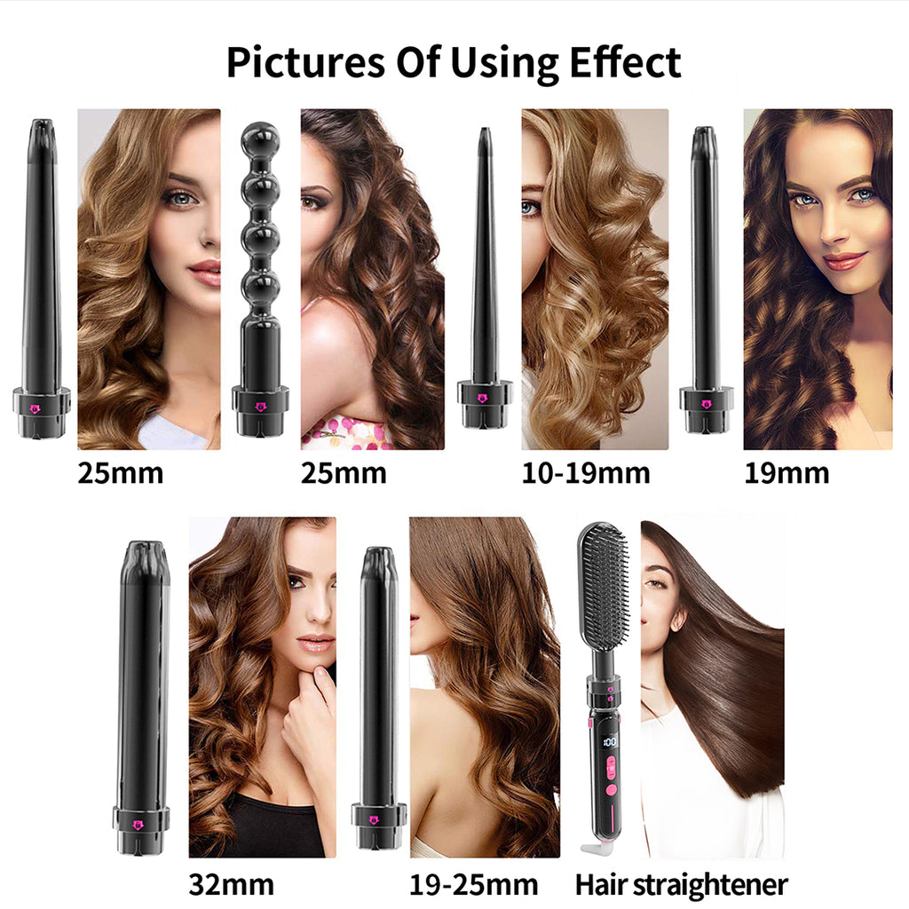 a collage of images of women's hair with text: 'Pictures Of Using Effect 25mm 25mm 10-19mm 19mm 100 32mm 19-25mm Hair straightener'