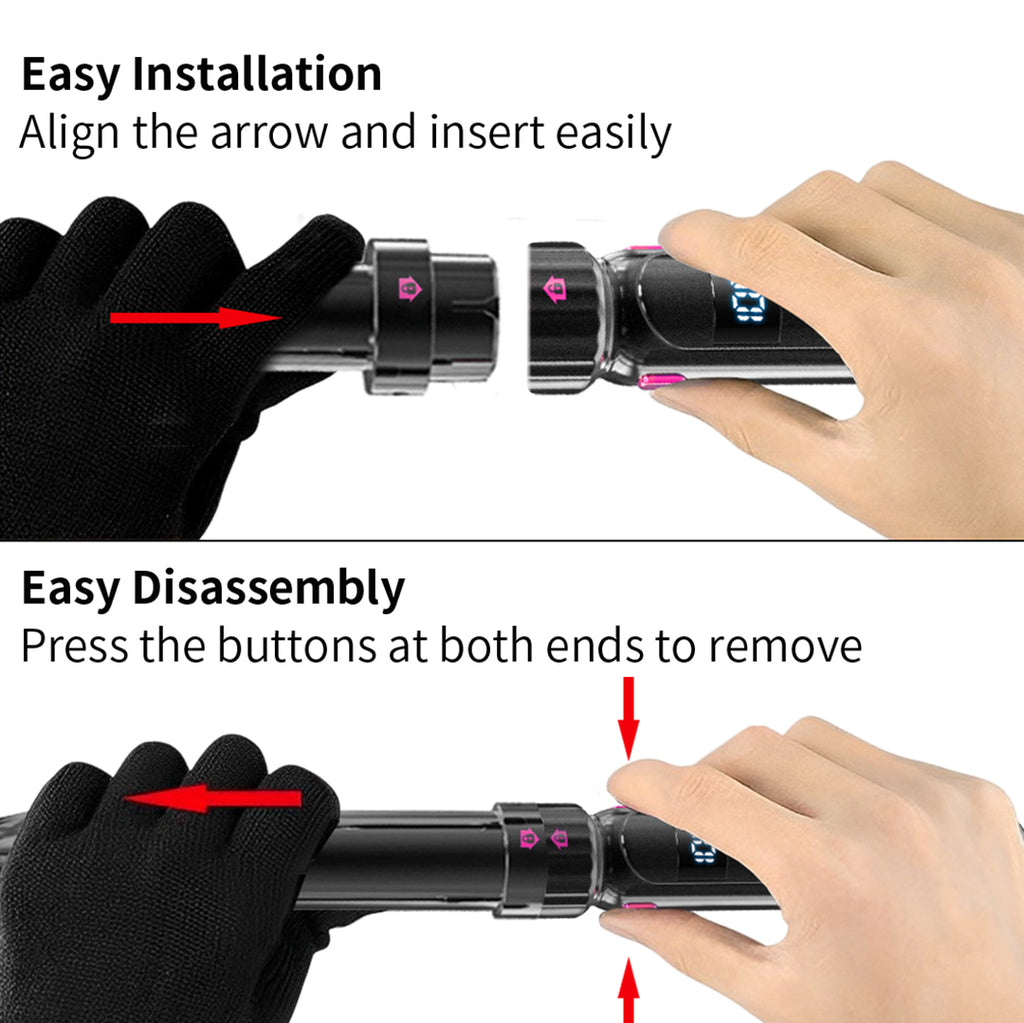 a hand holding a flashlight with text: 'Easy Installation Align the arrow and insert easily Easy Disassembly Press the buttons at both ends to remove'