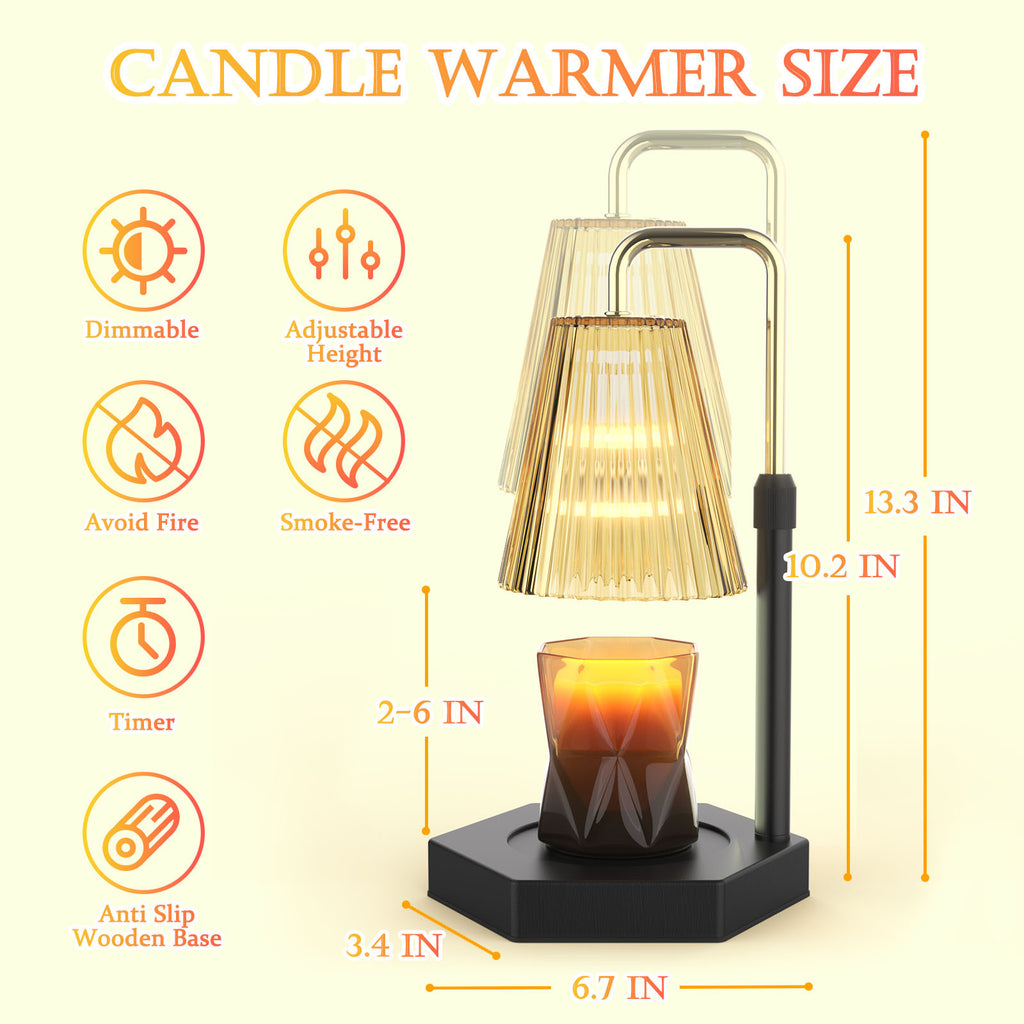 a candle warmer with instructions with text: 'CANDLE WARMER SIZE Dimmable Adjustable Height Avoid Fire Smoke-Free 13.3 IN 10.2 IN Timer 2-6 IN Anti Slip Wooden Base 3.4 IN 6.7 IN'