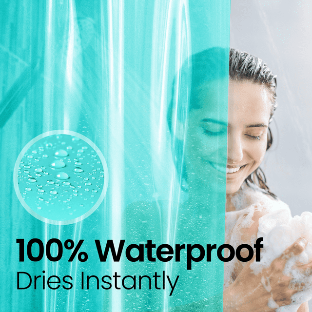 a person taking a shower with text: '100% Waterproof Dries Instantly'