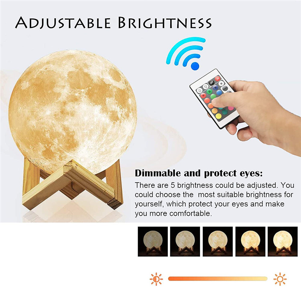 a hand holding a remote control to a moon with text: 'ADJUSTABLE BRIGHTNESS R Dimmable and protect eyes: There are 5 brightness could be adjusted. You could choose the most suitable brightness for yourself, which protect your eyes and make you more comfortable.'