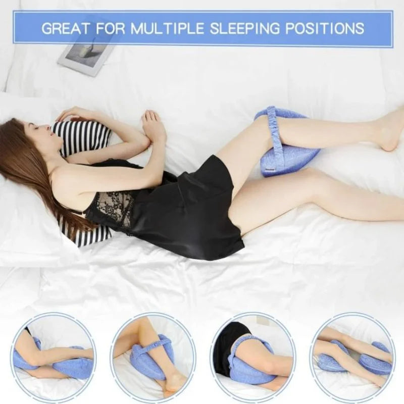 a person lying on a bed with a pillow with text: 'GREAT FOR MULTIPLE SLEEPING POSITIONS'