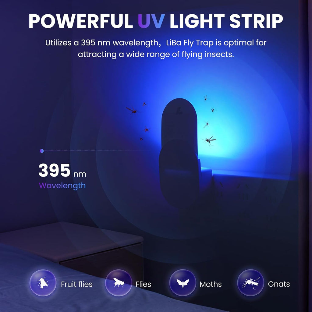 a screenshot of a device with text: 'POWERFUL UV LIGHT STRIP Utilizes a 395 nm wavelength, LiBa Fly Trap is optimal for attracting a wide range of flying insects. 395 nm Wavelength Fruit flies Flies Moths Gnats'