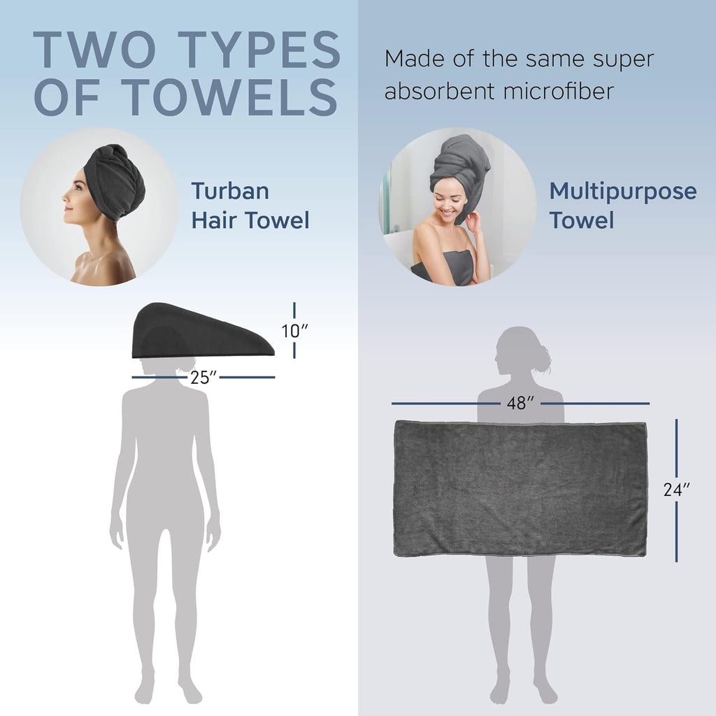 a comparison of different types of towels with text: 'TWO TYPES Made of the same super OF TOWELS absorbent microfiber Turban Multipurpose Hair Towel Towel 10" 24"'