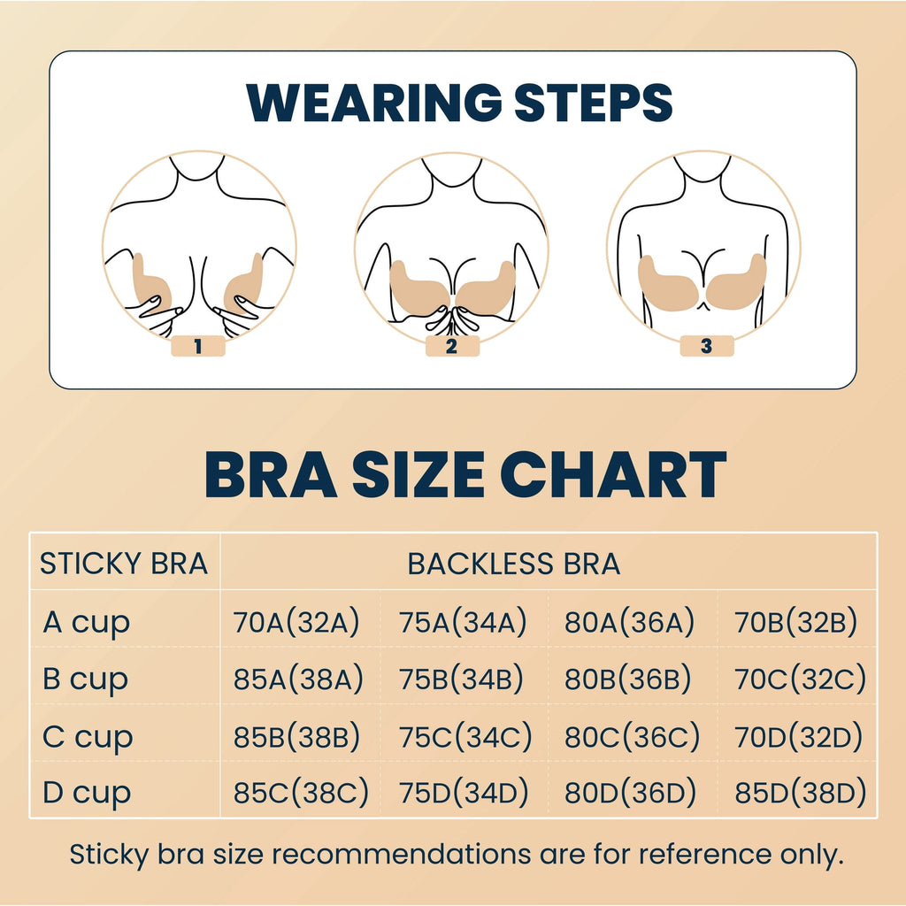 a poster with a diagram of a person's garment size chart with text: 'WEARING STEPS 3 BRA SIZE CHART STICKY BRA BACKLESS BRA A cup 70A(32A) 75A(34A) 80A(36A) 70B(32B) B cup 85A(38A) 75B(34B) 80B(36B) 70C(32C) C cup 85B(38B) 75C(34C) 80C(36C) 70D(32D) D cup 85C(38C) 75D(34D) 80D(36D) 85D(38D) Sticky bra size recommendations are for reference only.'