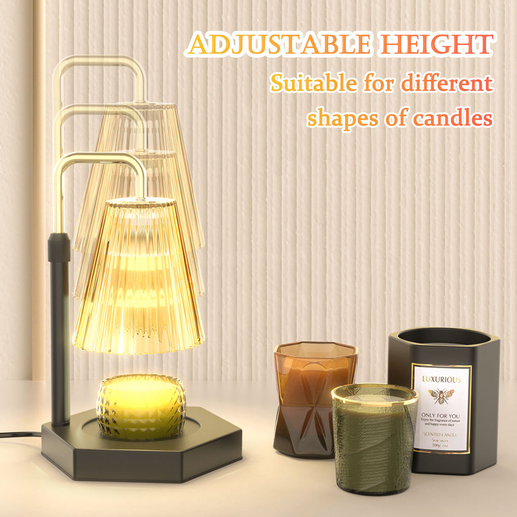 a candle and a lamp with text: 'ADJUSTABLE HEIGHT Suitable for different shapes of candles LUXURIOUS ONLY FOR YOU the fragrance of every days CANDLE'