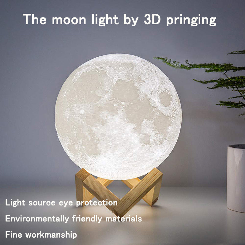 a moon light on a stand next to a plant with text: 'The moon light by 3D pringing Light source eye protection Environmentally friendly materials Fine workmanship'