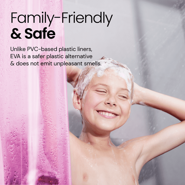 a child washing his head with text: 'Family-Friendly & Safe Unlike PVC-based plastic liners, EVA is a safer plastic alternative & does not emit unpleasant smells.'