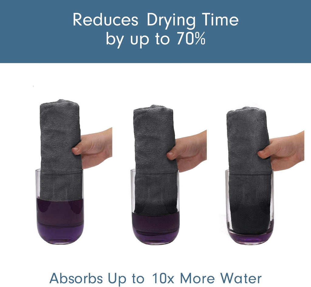 a hand holding a grey cloth in a glass with text: 'Reduces Drying Time by up to 70% Absorbs Up to 10x More Water'