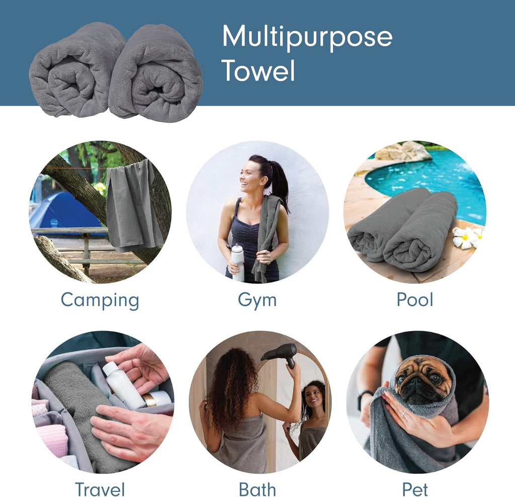 a collage of images of towels with text: 'Multipurpose Towel Camping Gym Pool Travel Bath Pet'