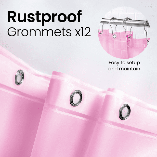 a pink shower curtain with rings with text: 'Rustproof Grommets x12 Easy to setup and maintain'