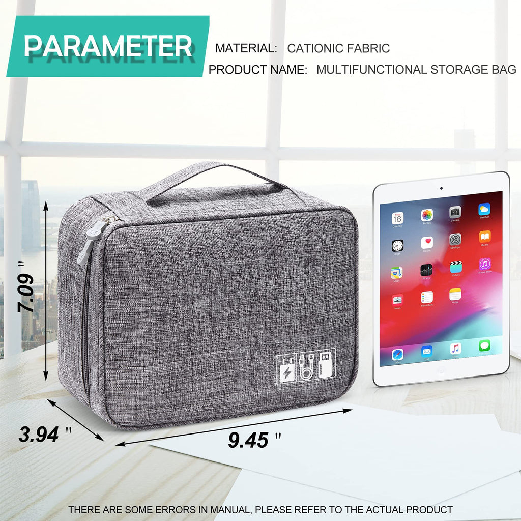 a grey bag next to a tablet with text: 'PARAMETER MATERIAL: CATIONIC FABRIC PRODUCT NAME: MULTIFUNCTIONAL STORAGE BAG 18 Photos Calenda Settings Clock Videos Notes News Reminders 7.09 " Music Safari 3.94 9.45 " THERE ARE SOME ERRORS IN MANUAL, PLEASE REFER TO THE ACTUAL PRODUCT'