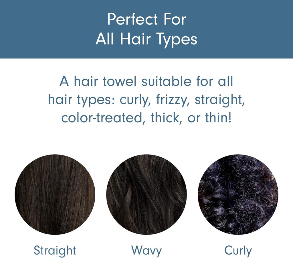 a collage of different types of hair with text: 'Perfect For All Hair Types A hair towel suitable for all hair types: curly, frizzy, straight, color-treated, thick, or thin! Straight Wavy Curly'