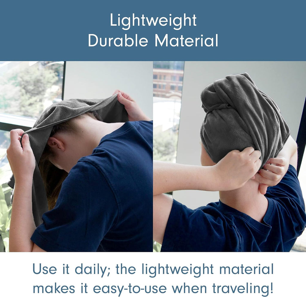 a collage of a person wearing a towel on their head with text: 'Lightweight Durable Material Use it daily; the lightweight material makes it easy-to-use when traveling!'