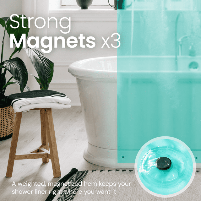 a bathtub with a shower curtain with text: 'Strong Magnets A weighted, magnetized hem keeps your shower liner right where you want it'