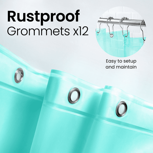 a close up of a curtain with text: 'Rustproof Grommets x12 Easy to setup and maintain'