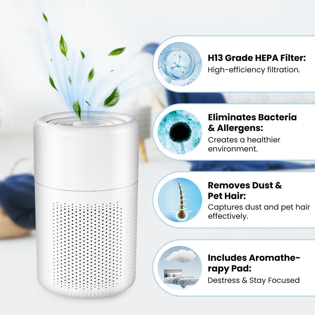 a white cylinder with green leaves coming out of it with text: 'H13 Grade HEPA Filter: High-efficiency filtration. Eliminates Bacteria & Allergens: Creates a healthier environment. Removes Dust & Pet Hair: Captures dust and pet hair effectively. Includes Aromathe- rapy Pad: Destress & Stay Focused'