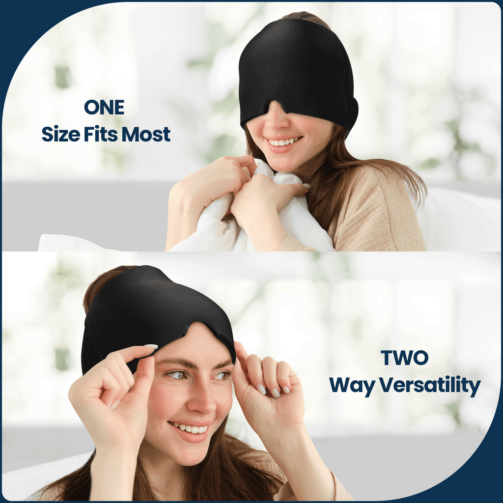 a collage of a person wearing a sleeping mask with text: 'ONE Size Fits Most TWO Way Versatility'