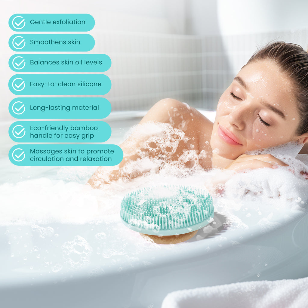 a person in a bathtub with bubbles with text: 'Gentle exfoliation Smoothens skin Balances skin oil levels Easy-to-clean silicone Long-lasting material Eco-friendly bamboo handle for easy grip Massages skin to promote circulation and relaxation'