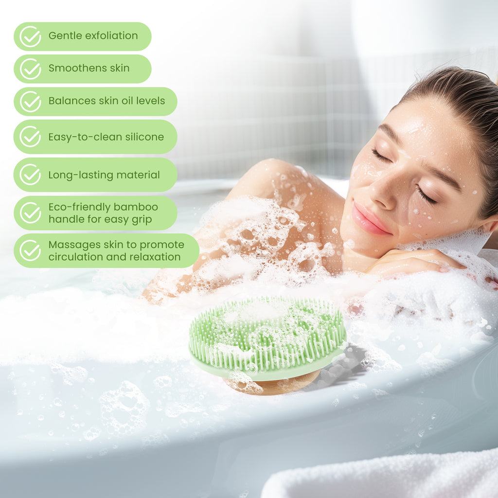 a person in a bathtub with bubbles with text: 'Gentle exfoliation Smoothens skin Balances skin oil levels Easy-to-clean silicone Long-lasting material Eco-friendly bamboo handle for easy grip Massages skin to promote circulation and relaxation'