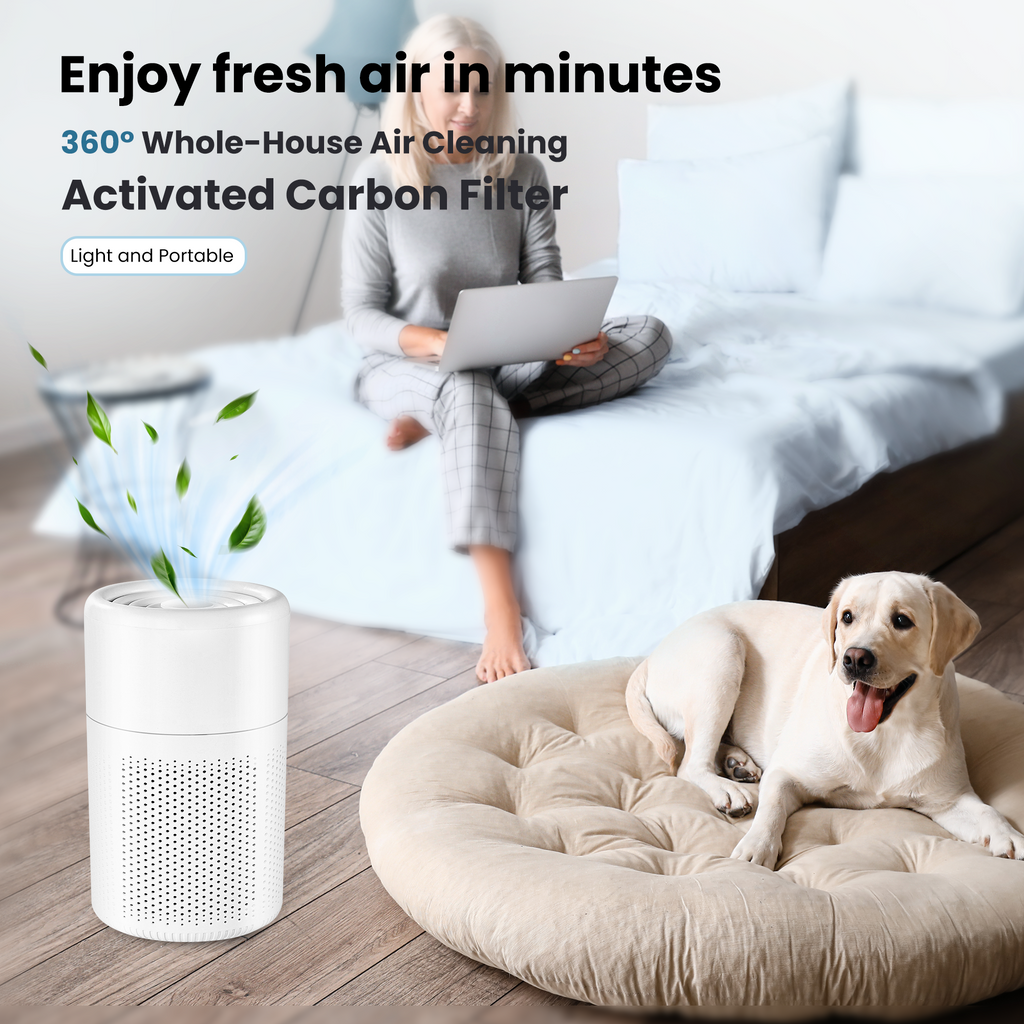 a dog on a bed next to a person using a laptop with text: 'Enjoy fresh air in minutes 360º Whole-House Air Cleaning Activated Carbon Filter Light and Portable ... ....'