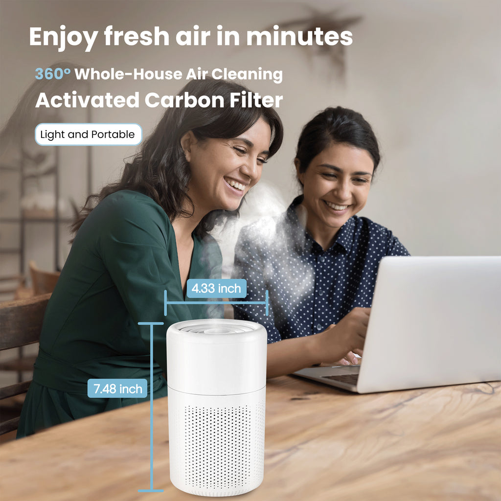 a couple of women using a laptop with text: '.... ............. ..... . ... .......... ..... ..... . ................ ... ... .. ... . ..... ..... 4.33 inch .... 7.48 inch Light and Portable 360º Whole-House Air Cleaning Activated Carbon Filter Enjoy fresh air in minutes'