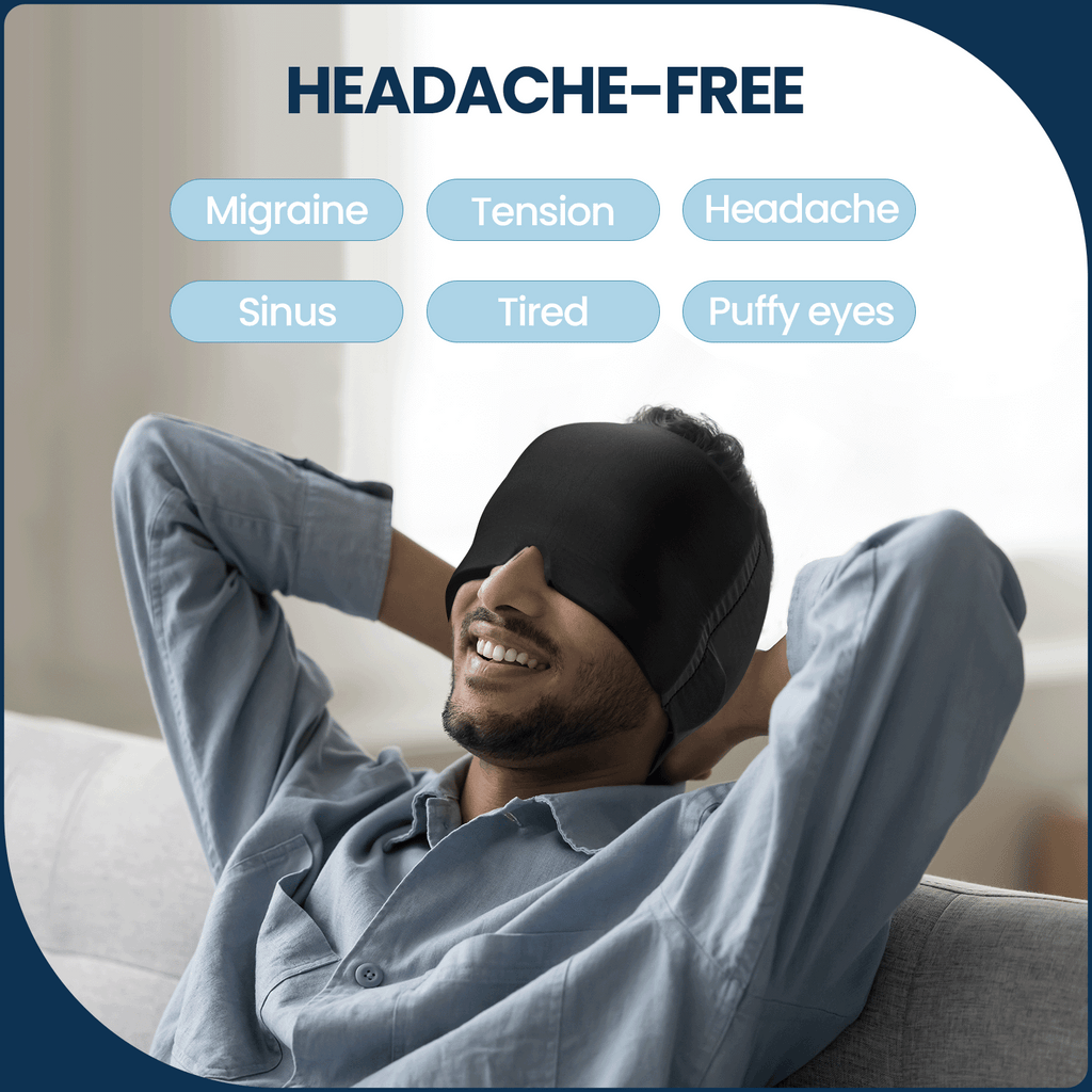 a person with a blindfold on his eyes with text: 'HEADACHE-FREE Migraine Tension Headache Sinus Tired Puffy eyes'