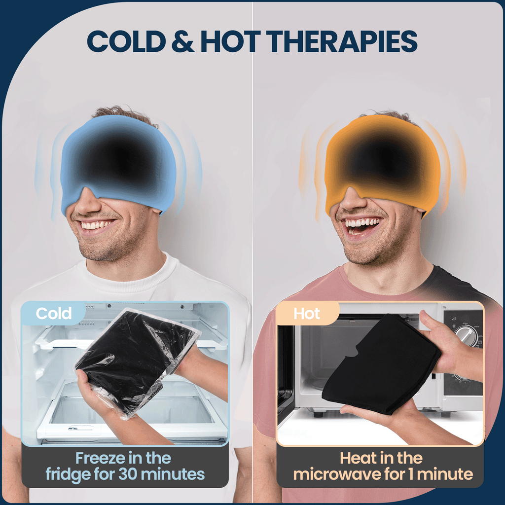 a collage of a person with a microwave with text: 'COLD & HOT THERAPIES Cold Hot Freeze in the fridge for 30 minutes Heat in the microwave for 1 minute'