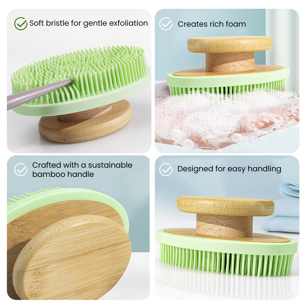 a collage of a massage brush with text: 'Soft bristle for gentle exfoliation Creates rich foam Crafted with a sustainable bamboo handle Designed for easy handling'