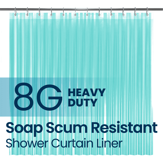 a blue shower curtain with a metal rod with text: '8G HEAVY DUTY Soap Scum Resistant Shower Curtain Liner'