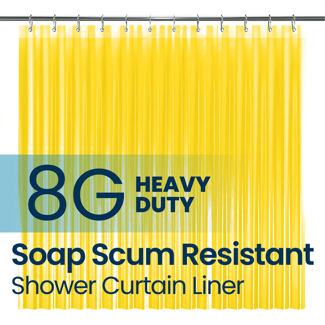 a yellow shower curtain with blue text with text: '8G HEAVY DUTY Soap scum Resistant Shower Liner'