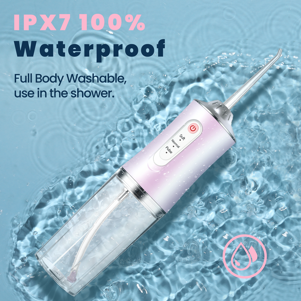 a waterproof device in water with text: 'IPX7 100% Waterproof Full Body Washable, use in the shower. Soft Normal Pulse'