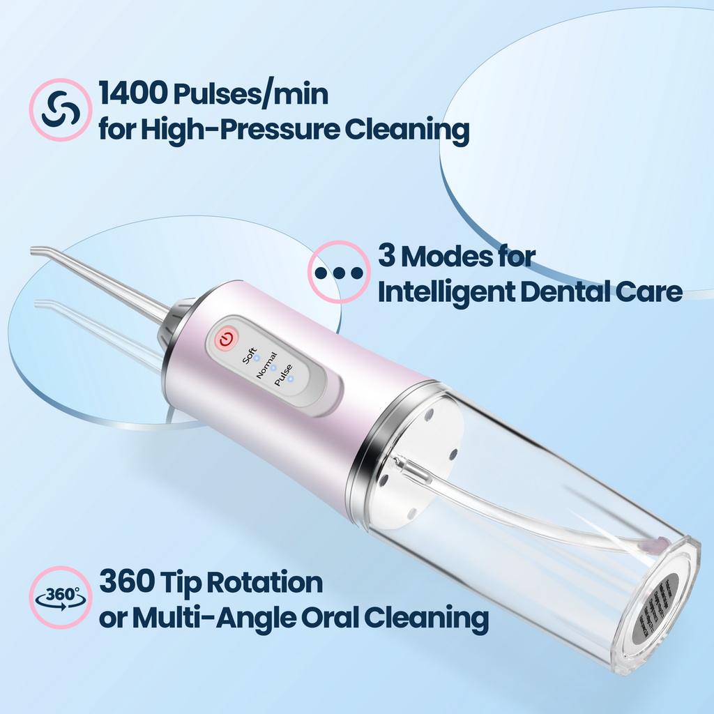 a device for cleaning teeth with text: '1400 Pulses/min for High-Pressure Cleaning 3 Modes for Intelligent Dental Care Soft Normal Pulse 360 Tip Rotation or Multi-Angle Oral Cleaning'