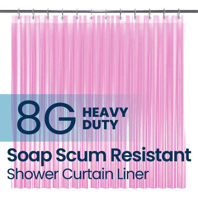 a pink shower curtain with metal rings with text: '8G HEAVY DUTY Soap Scum Resistant Shower Curtain Liner'