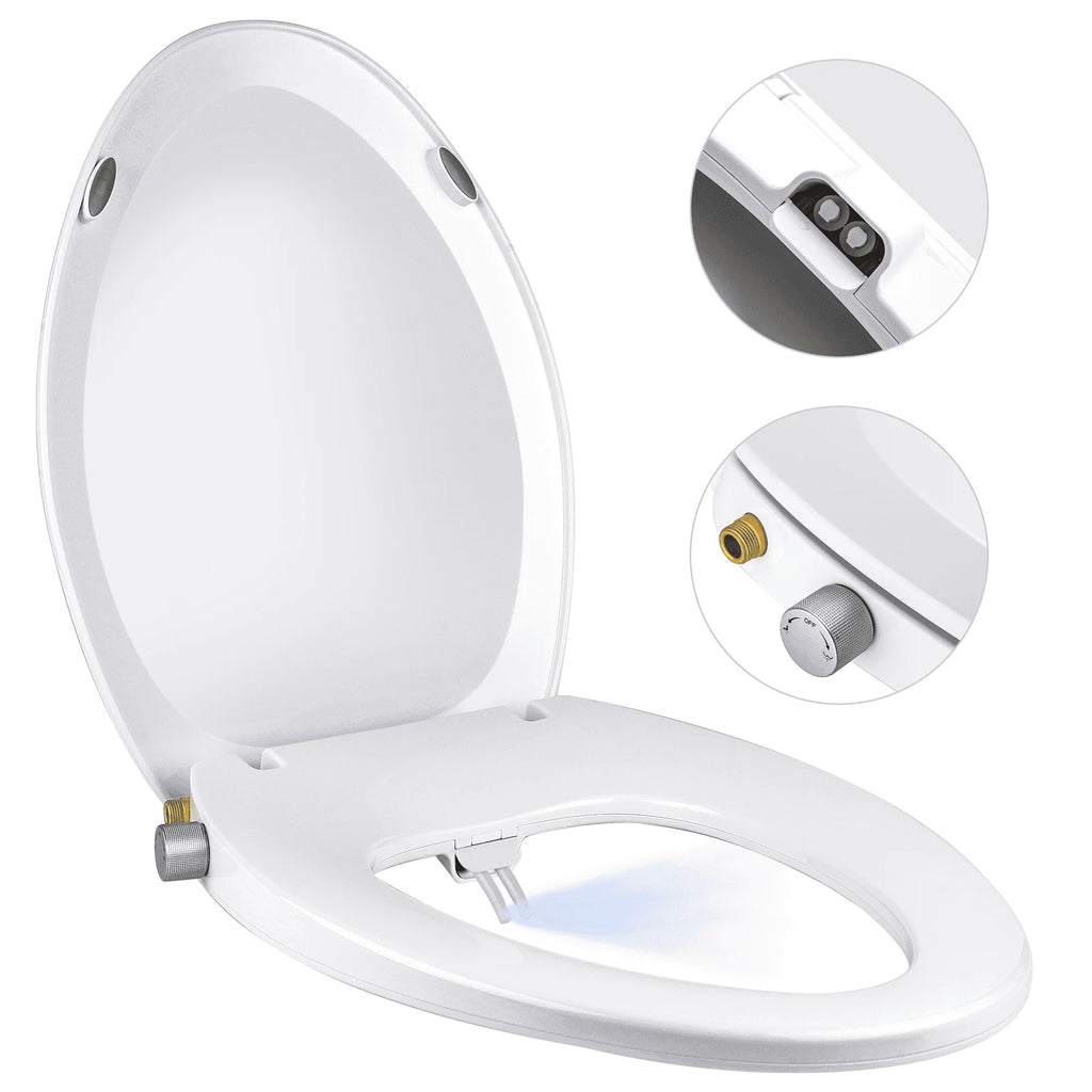 a white toilet seat with a lid open with text: 'OFF'