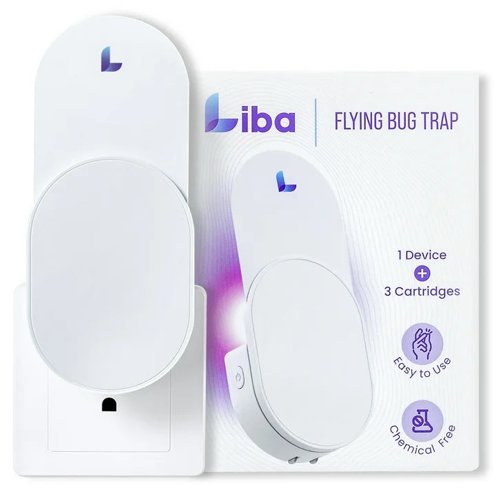 a white fly trap in a box with text: 'iba FLYING BUG TRAP 1 Device + 3 Cartridges Easy to Use Chemic Free'