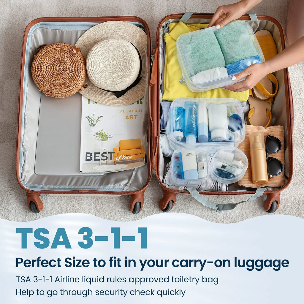 a person packing luggage for a flight with text: 'ALL ABOUT ART BEST of TSA 3-1-1 Perfect Size to fit in your carry-on luggage TSA 3-1-1 Airline liquid rules approved toiletry bag Help to go through security check quickly'