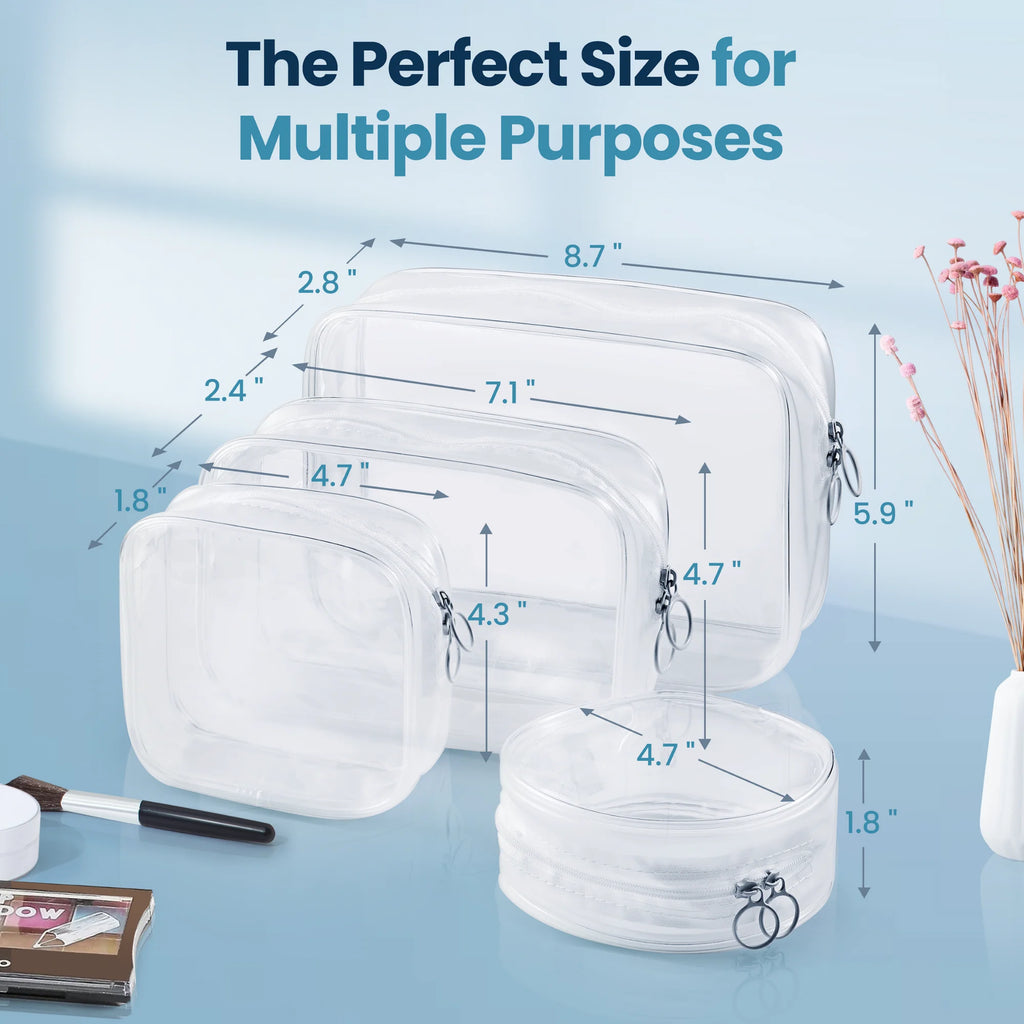 a group of clear plastic bags with sizes and sizes with text: 'The Perfect Size for Multiple Purposes 8.7" 2.8 2.4 7.1 1.8 5.9 4.7" 4.3 4.7 1.8'