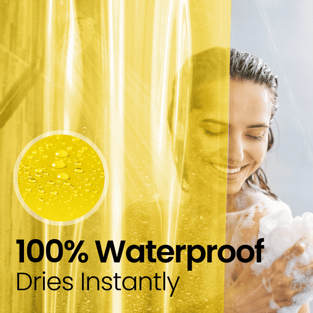 a person taking a shower with text: '100% Waterproof Dries Instantly'