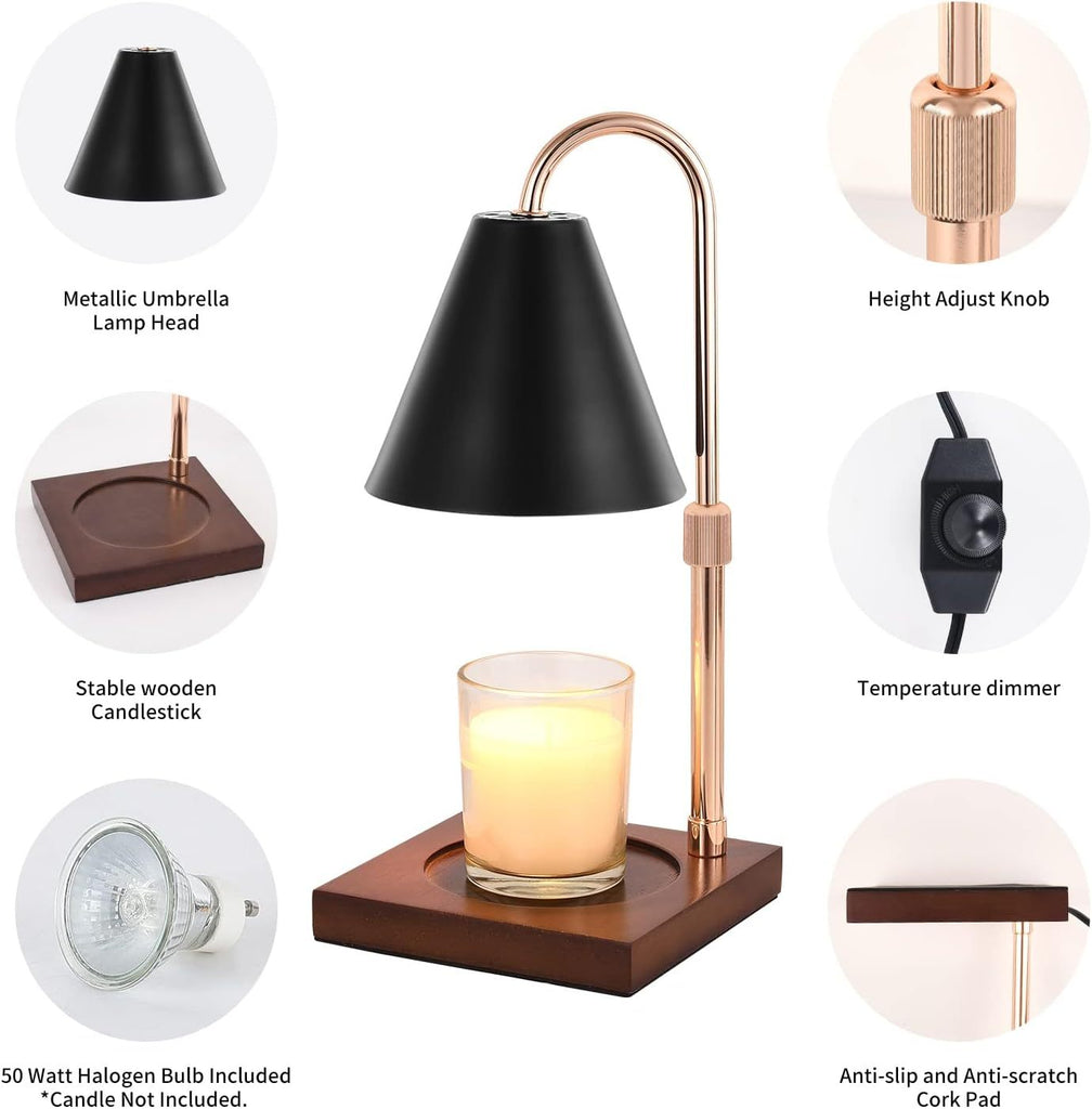 a lamp with a candle in it with text: 'Metallic Umbrella Height Adjust Knob Lamp Head Stable wooden Temperature dimmer Candlestick 50 Watt Halogen Bulb Included Anti-slip and Anti-scratch *Candle Not Included. Cork Pad'