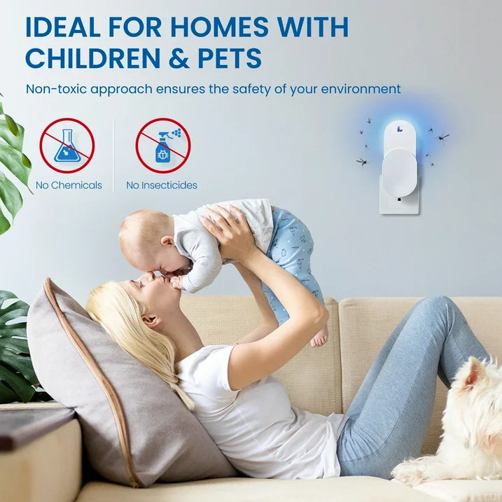 a person lying on a couch with a baby and a dog with text: 'IDEAL FOR HOMES WITH CHILDREN & PETS Non-toxic approach ensures the safety of your environment A No Chemicals No Insecticides'