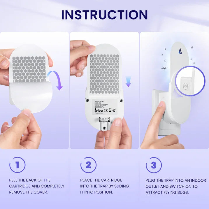 instructions for a device with text: 'INSTRUCTION CE 2 PEEL THE BACK OF THE PLACE THE CARTRIDGE PLUG THE TRAP INTO AN INDOOR CARTRIDGE AND COMPLETELY INTO THE TRAP BY SLIDING OUTLET AND SWITCH ON TO REMOVE THE COVER. IT INTO POSITION. ATTRACT FLYING BUGS.'