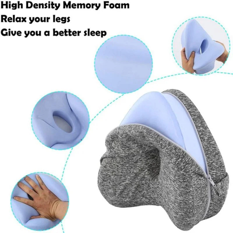 a close up of a pillow with text: 'High Density Memory Foam Relax your legs Give you a better sleep'