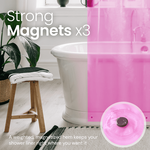 a pink bathtub in a bathroom with text: 'Strong Magnets A weighted, magnetized hem keeps your shower liner right where you want it'