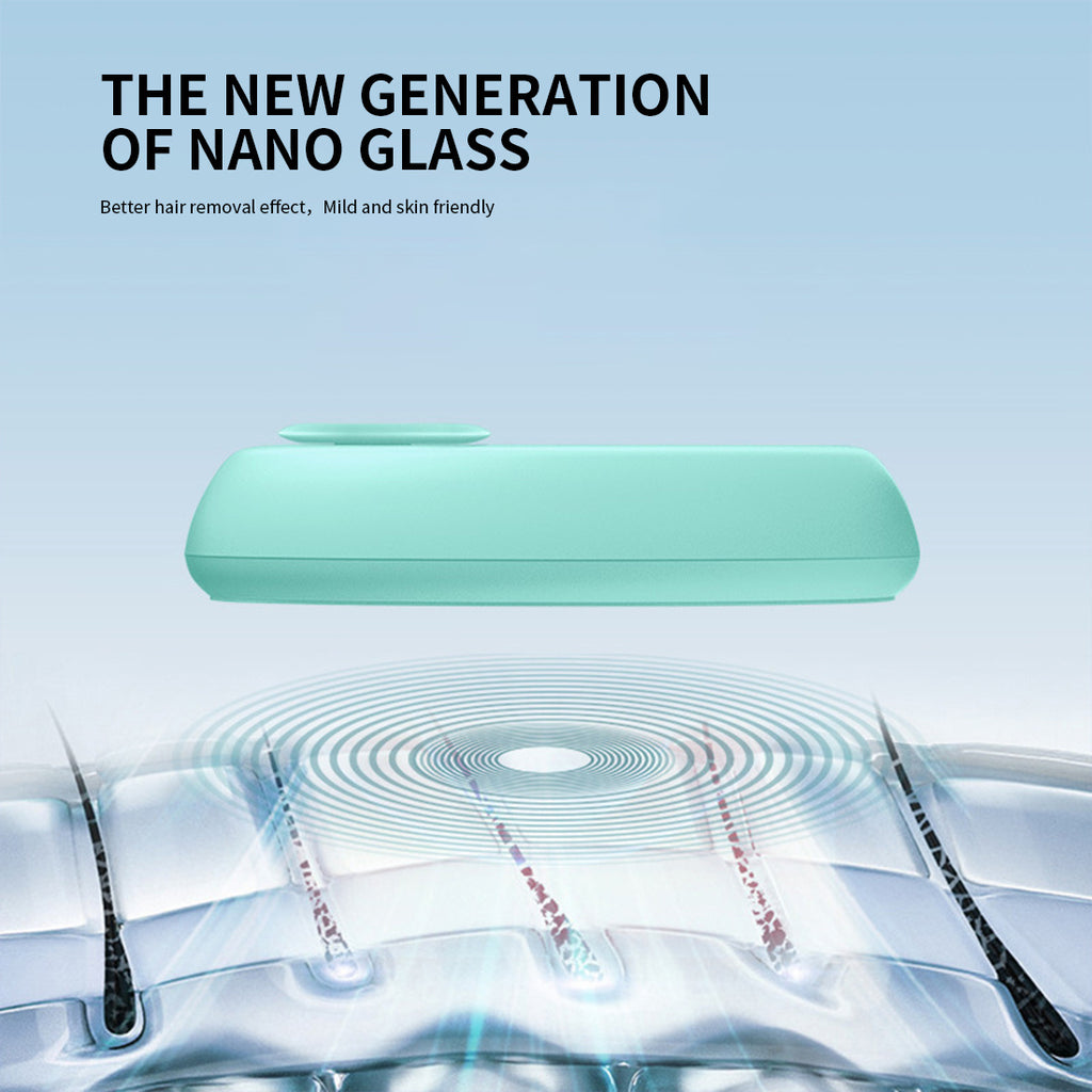 a blue case with a round lid with text: 'THE NEW GENERATION OF NANO GLASS Better hair removal effect, Mild and skin friendly'