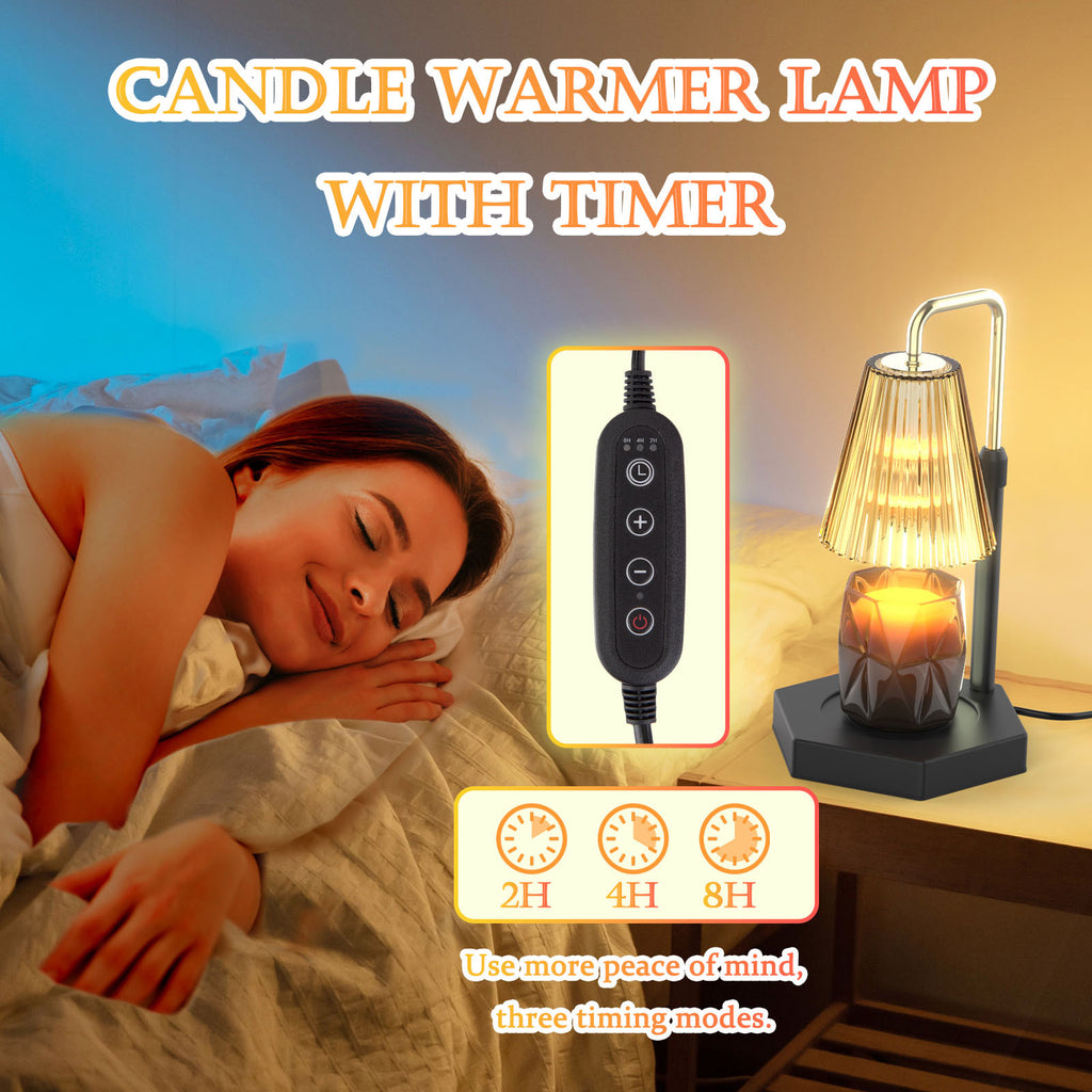 a person lying in bed with a candle lamp and a lamp with text: 'CANDLE WARMER LAMP WITH TIMER + 2H 4H 8H Use more peace of mind, three timing modes.'